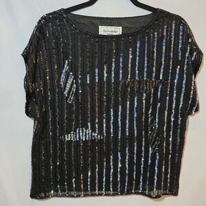 Vintage Schrader Knits 100% Silk Black Sequin Beaded Color Block Short Sleeve 12